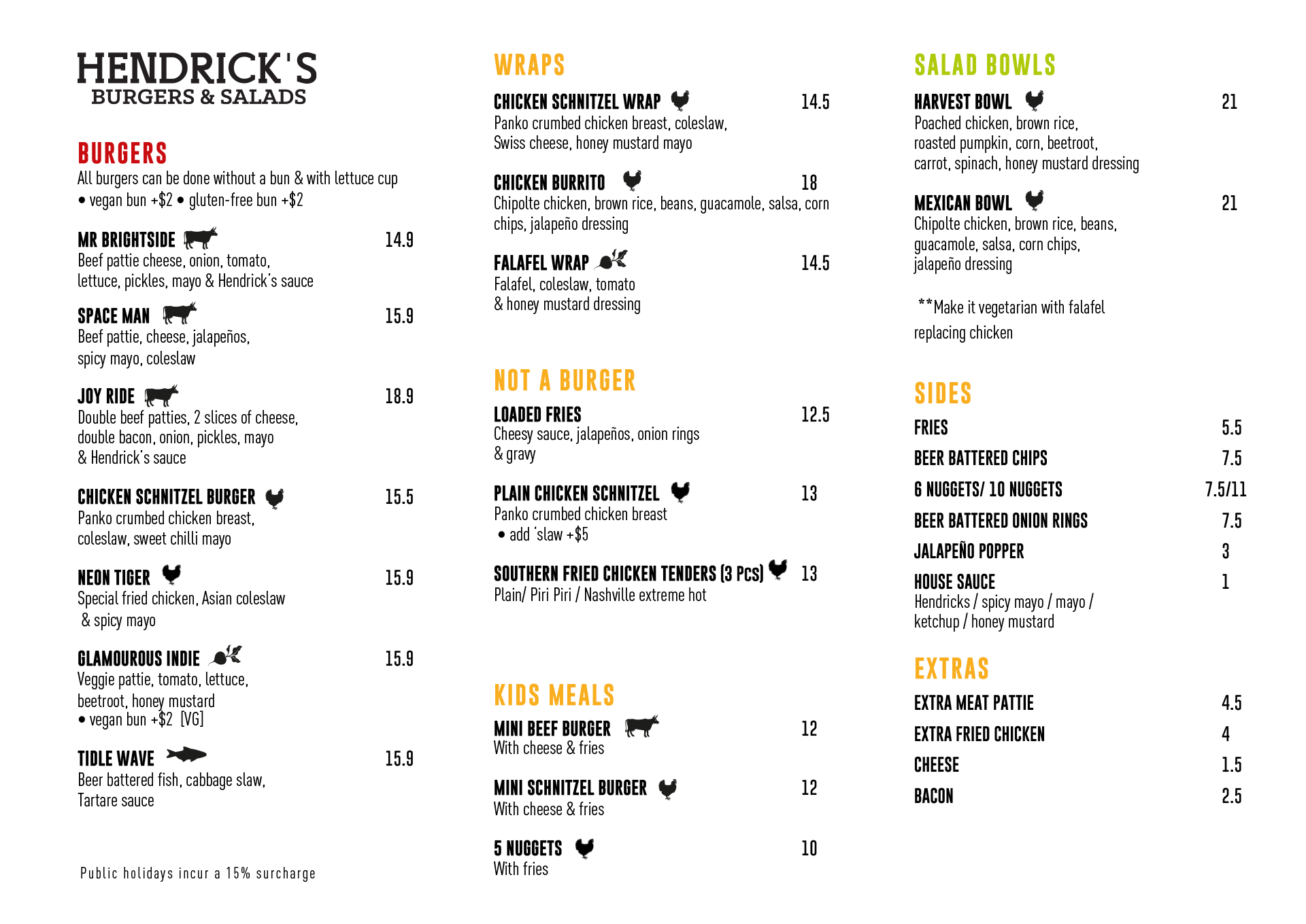 Hendricks Burgers Menu Page 1